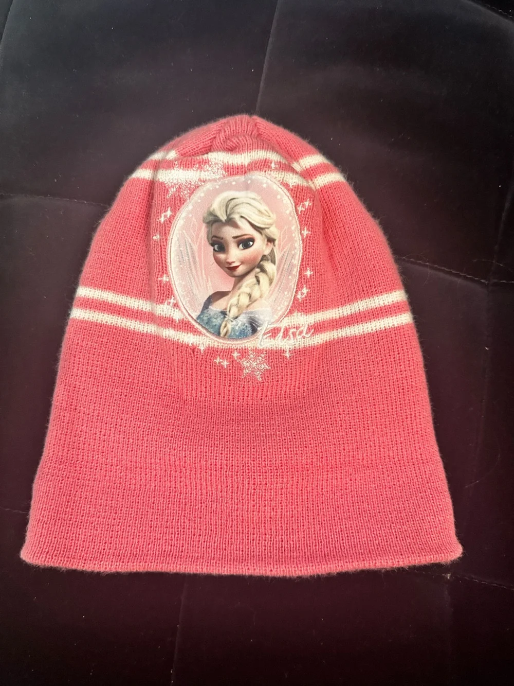 Disney Pink Elsa Knit Beanie with White Stripes
